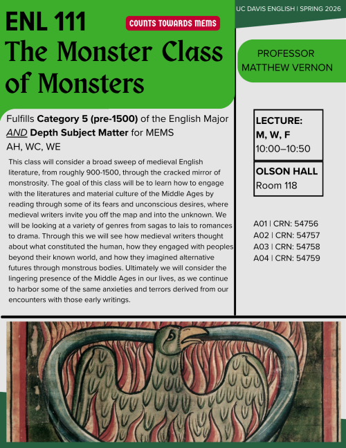Course flyer titled "The Monster Class of Monsters," featuring green and red colors, and a decorative border.